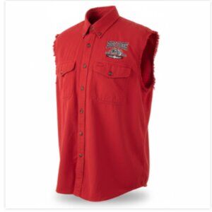 Mens Sleeveless Denim Shirt M Red Button Up Myrtle Beach Bike Week Biker